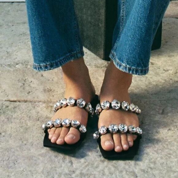 Zara Shoes - ZARA Big Bling Strappy Square Toe Slip On Sandals Black EU 38/US 7.5